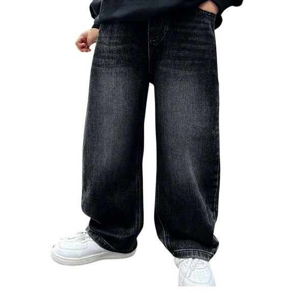 XUELUO Little Boys Jeans Washed Denim Wide-Leg Trousers Relaxed Streetwear Trendy Durable Kids Pants For Daily & Outdoor Outings