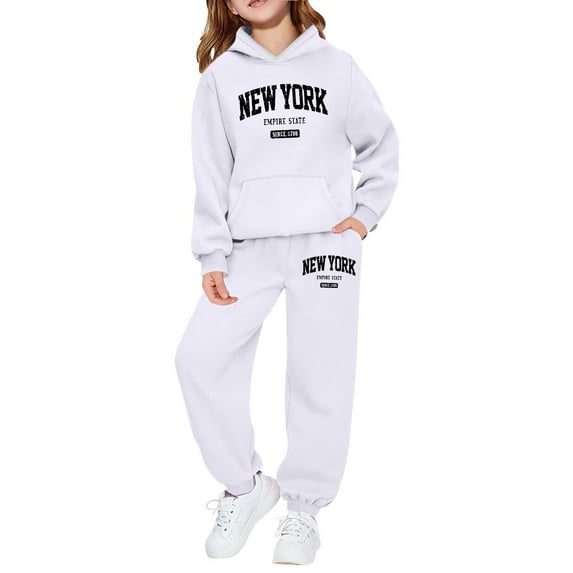 XUELUO Little Girls Athletic Clothes Set 2Pcs Long Sleeve Hooded NEW YORK Letter Hoodie + Pants Spring Sporty Breathable Outfits