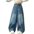 thumbnail image 1 of XUELUO Little Girls Cargo Jeans Washed Wide Leg High Waist Baggy Denim Trousers Spring Retrow Wear Loose Pants With Large Pockets, 1 of 9