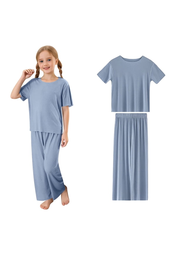 Little Girls Casual Outfit Set 2-Piece Short Sleeve Crewneck Tops + Wide Leg Pants For Breathable Spring Summer Loungewear