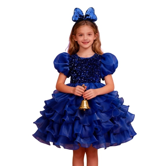 XUELUO Little Girls Dress Sequin Puff Sleeve Layered Ruffled Tulle Skirts And Bow Headband Playful Fashion Spring Clothes