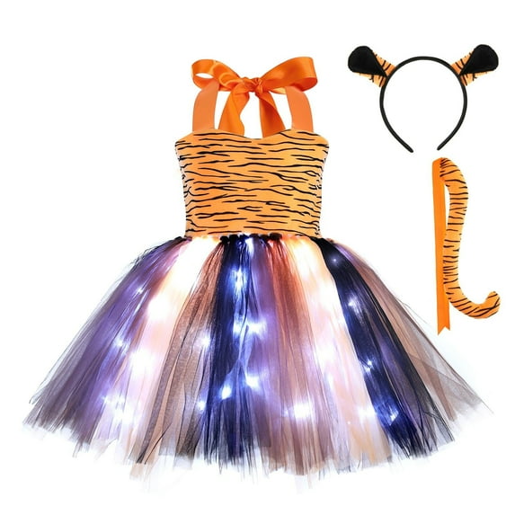 XUELUO Little Girls Dress Set Tiger Stripe Print Halter Neck Light-Up Tulle Skirts + Tail + Headwear + Battery Carnival Party Gown(鑫华隆)