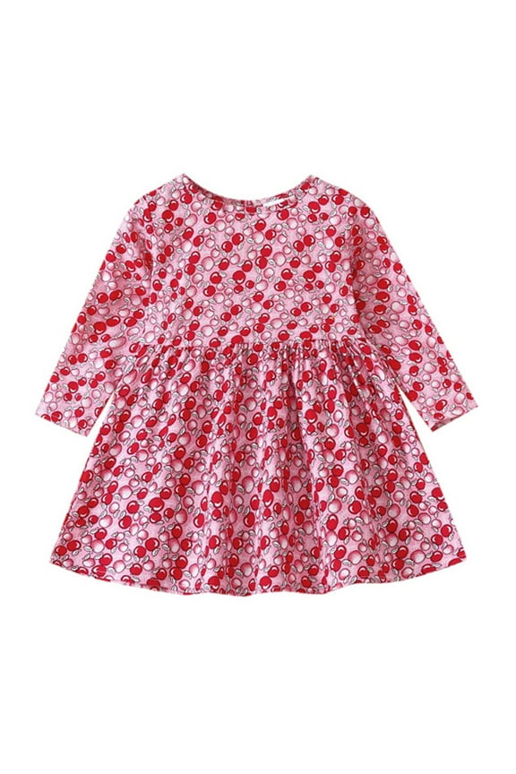 Little Girls Dresses Pink Cherry Printed Long Sleeve Crewneck Skirts Toddler Spring Cozy Outing Loose Flared Dress