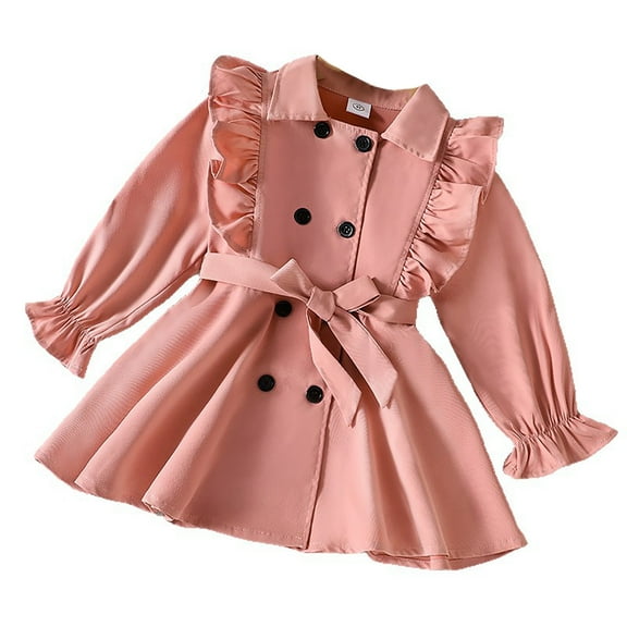 XUELUO Little Girls Dresses Pink Double Buttons Ruffled Shoulders Self-Tie Belt Dress Kids Spring Valentine Outwear Outfit