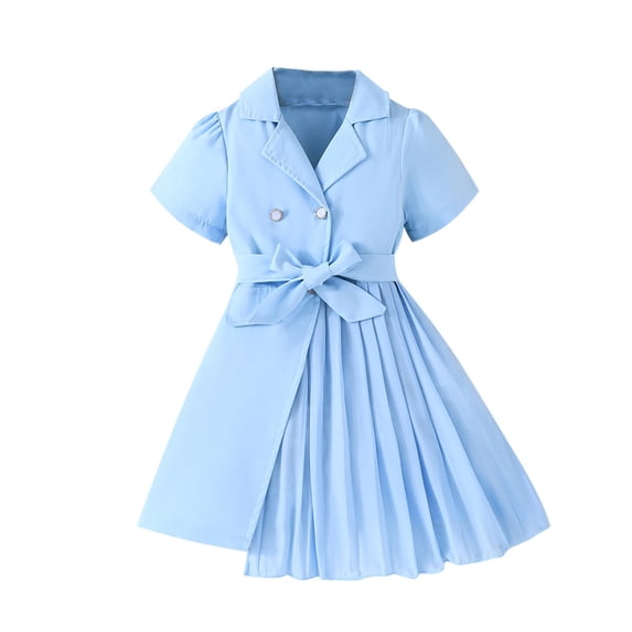 XUELUO Little Girls Dresses Short Puff Sleeve Pearl Buttons Bow Belt Pleated Skirts For School Spring Stylish Suits Dress