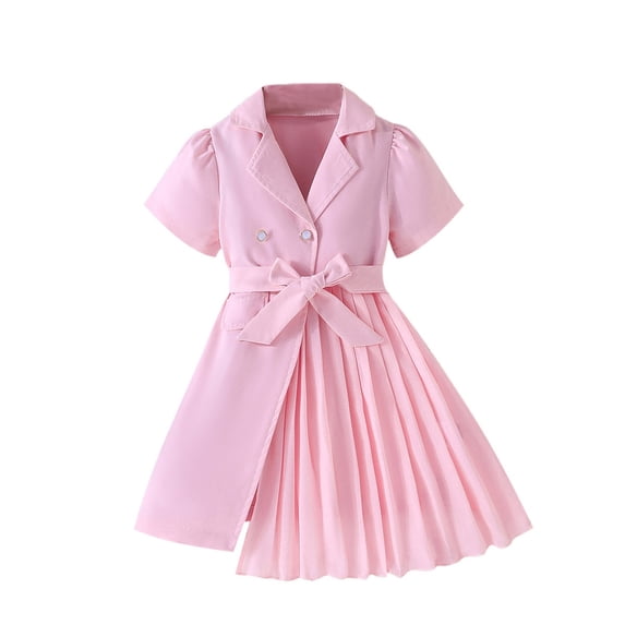 XUELUO Little Girls Dresses Short Puff Sleeve Pearl Buttons Bow Belt Pleated Skirts For School Spring Stylish Suits Dress