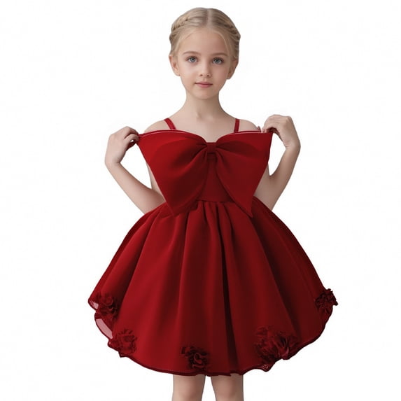 XUELUO Little Girls Dresses Spaghetti Strap Big Bow Decor Ruffled Hem Gown For Formal Party & Celebration Elegant Clothes