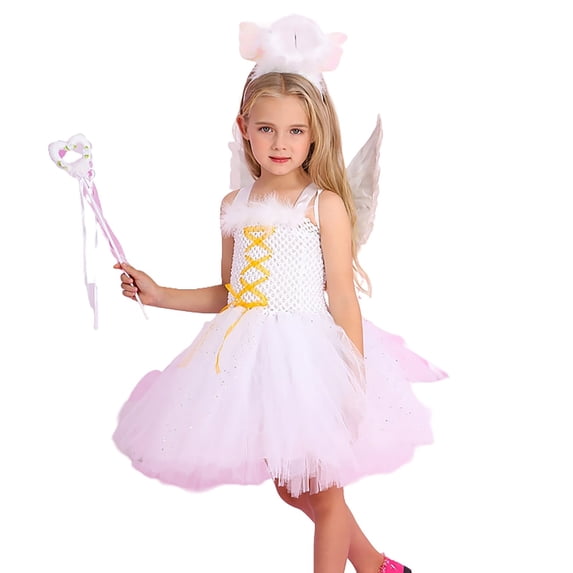 XUELUO Little Girls Dresses White-Pink Sleeveless Feather Design Lace-Up Tulle Skirts For Carnivals & Theme Party Angel Gown