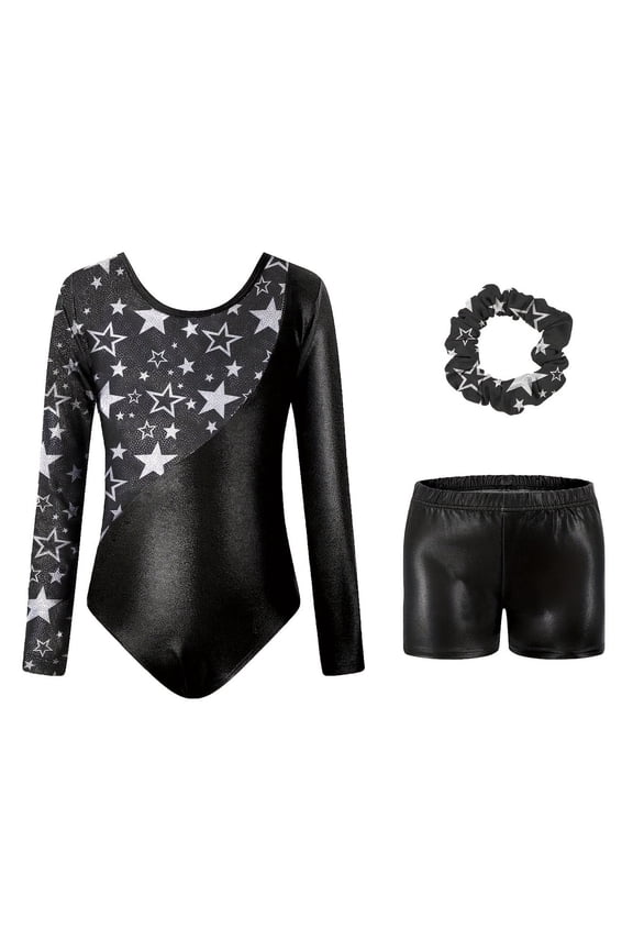 Little Girls Gymnastics Outfit Set 3-Piece Long Sleeve Star Print Leotard + Shorts + Scrunchie Stage Performance Clothes