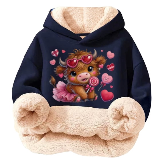 XUELUO Little Girls Hoodies Drawstring Long Sleeve Fleece Lined Cow Heart Print Hood Tops Early Spring Warm Clothes With Pockets