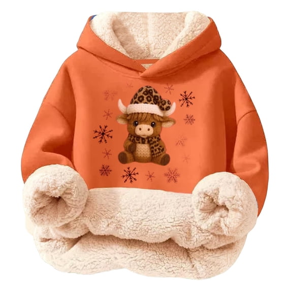 XUELUO Little Girls Hoodies Long Sleeve Drawstring Hood Fleece Lined Cow Snowflake Print Tops For Cold Weather Warm Soft Clothes