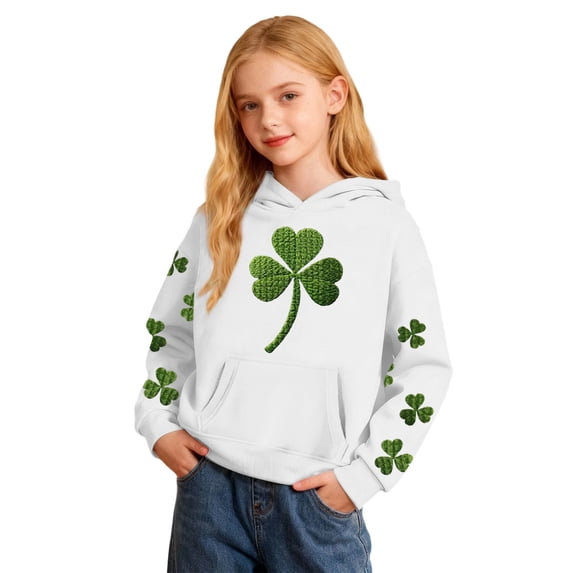 XUELUO Little Girls Hoodies St. Patrick'S Day Long Sleeve Shamrock Print Hood Sweatshirts Spring Season Wear Athleisure Girls Tops