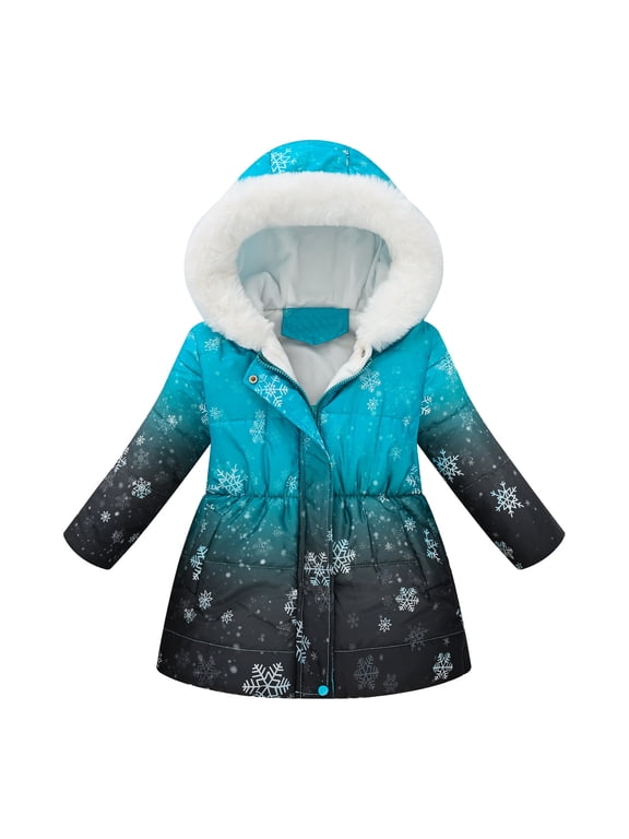 Little Girls Jackets Winter Clearance Snowflake Print Zipper Trim Hooded Coat Cold Weather Sweet Cute Outdoor Clothes