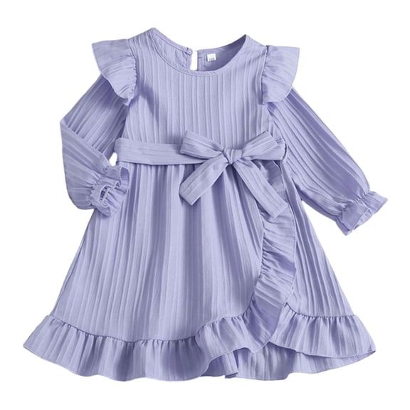 XUELUO Little Girls Long Sleeve Dresses Plain Ruffled Trim Self-Tie Belt Dress Kids Spring Elegant Casual Gathering Outfit