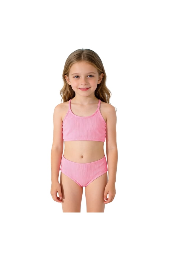 Little Girls Swimsuits Solid Ribbed Thin Spaghetti Straps Two Piece Bikini Tail Set Summer Cool Pool Training Swim Wear