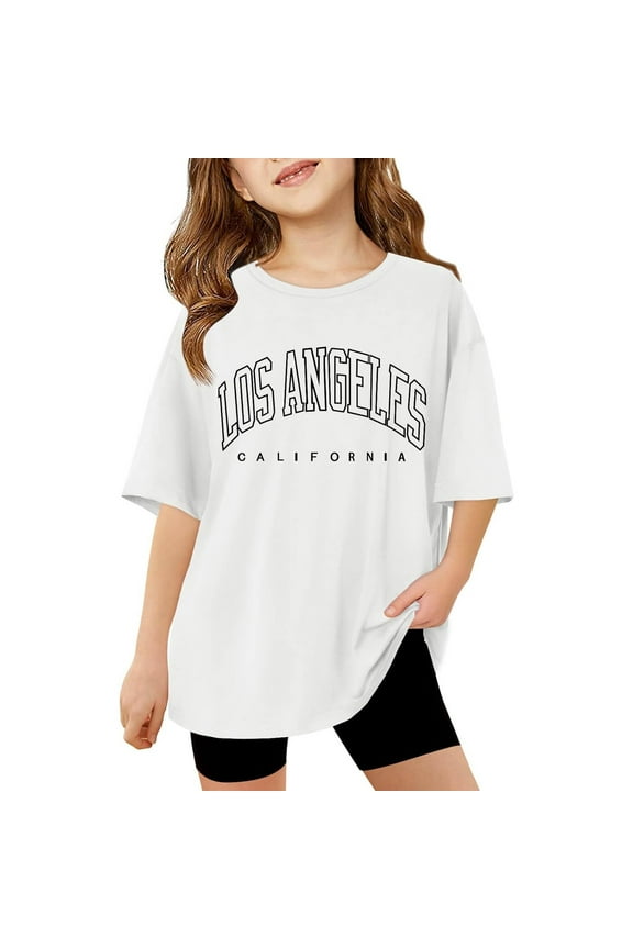 Little Girls T-Shirts Oversize Crew Neck Short Sleeve "Los Angeles" Print Tee Casual Style Spring Summer Loose Teens Tops