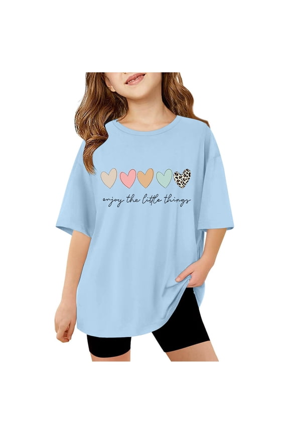 Little Girls T-Shirts Short Sleeve Colorful Heart Enjoy The Little Things Print Crewneck Tshirts Summer Cute Kids Cozy Tops