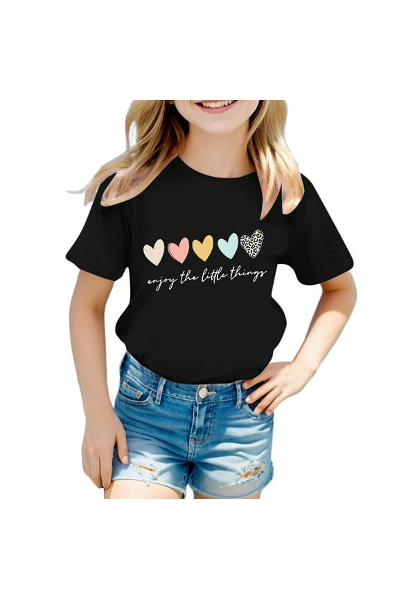 Little Girls T-Shirts Short Sleeve Heart Enjoy The Little Things Print Crewneck Tshirt Summer Cute Casual Daily Kids Tops