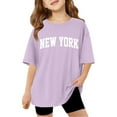 thumbnail image 1 of XUELUO Little Girls T-Shirts Short Sleeve New York Letter Graphic Round Neck Tshirt Cool Summer Daily Kids Relaxed Stylish Tops, 1 of 6