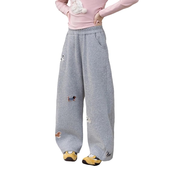 XUELUO Little Girls Wide Leg Sweatpants Dog Embroidery Elastic Waist Joggers Pants Cute Casual Trousers For Spring Daily Playwear