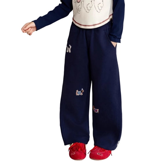 XUELUO Little Girls Wide Leg Sweatpants Dog Embroidery Elastic Waist Joggers Pants Cute Casual Trousers For Spring Daily Playwear
