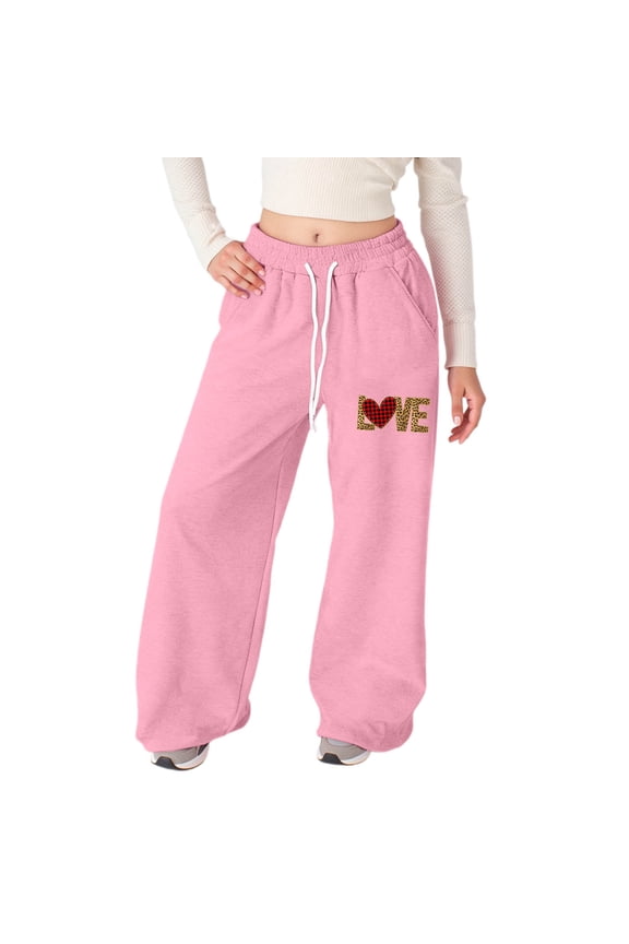 Little Girls Wide Leg Sweatpants Drawstring Leopard LOVE Graphic Jogger Pants Soft Spring Daily Wear Loose Casual Trousers