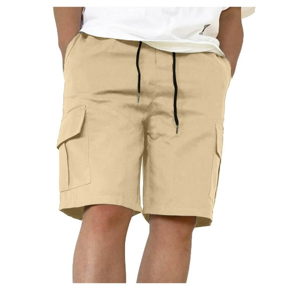 XUELUO Mens Shorts Summer Cargo Solid Color Elastic Waist Drawstring Casual Sports Shorts With Pockets Holiday Wear,Beige,L
