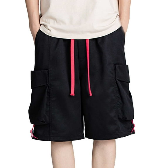 XUELUO Mens Shorts Summer Cargo Solid Color Elastic Waist Drawstring Casual Sports Shorts With Pockets Holiday Wear,Black,XXXL