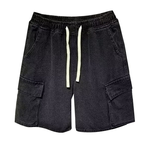 XUELUO Mens Shorts Summer Denim Cargo Solid Color Elastic Waist Drawstring Casual Outdoor Daily-Wear,Black,S