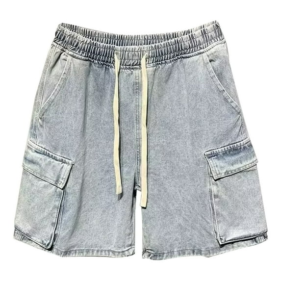 XUELUO Mens Shorts Summer Denim Cargo Solid Color Elastic Waist Drawstring Casual Outdoor Streetwear,Blue,XL