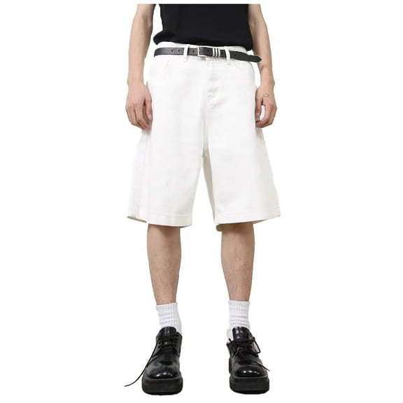 XUELUO Mens Shorts Summer Solid Color Denim Straight Leg Loose Casual Vintage Jean Shorts Sportwear,White,L