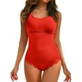 thumbnail image 1 of XUELUO One Piece Swimsuit Women Summer Solid Color Round Neck Ruffled Strappy Sleeveless Ribbed Retro Elastic Slim Swimwear Activewear,Red,M, 1 of 6