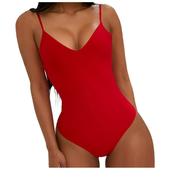 XUELUO One Piece Swimsuit Women Summer Solid Color Spaghetti Strap V Neck Backless hollow out Slim Swimwear Activewear,Red,XL