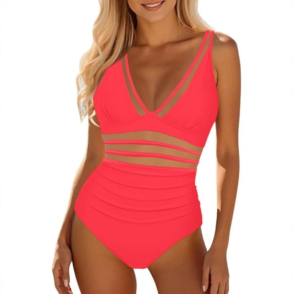 XUELUO One Piece Swimsuit Women Summer Solid Color Strappy Push Up Padded Athletic Sports Vintage Swimsuits Activewear,Red,S