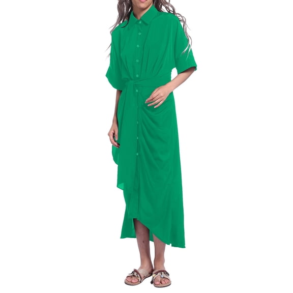 XUELUO Summer Dresses For Women 2025 Solid Color Lapel Button Short Sleeve Elegant With Belt Maxi Shirt Dress Holiday Wear,Green,M