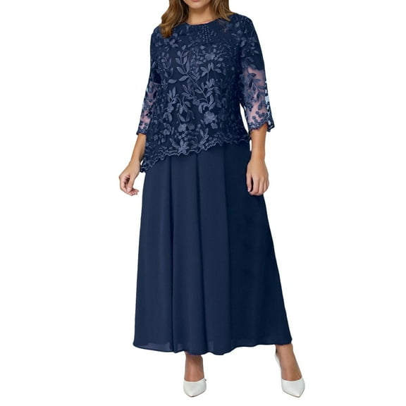 XUELUO Summer Dresses For Women Solid Color Floral Lace Round Neck Long Sleeve Elegant Bride Evening Party Gown Plus Size Maxi Dress Cocktail,Blue,XL