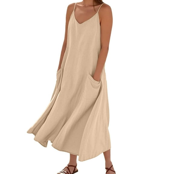 XUELUO Summer Dresses For Women Solid Color Spaghetti Strap V Neck Loose Casual Maxi Dress Cocktail,Brown,XXL