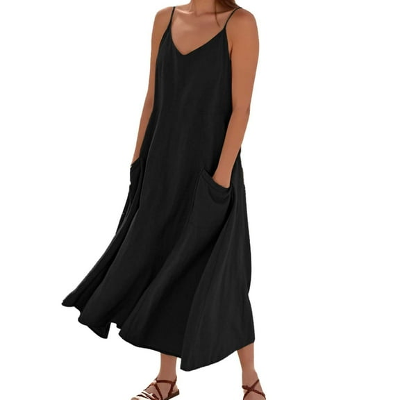 XUELUO Summer Dresses For Women Solid Color Spaghetti Strap V Neck Loose Casual Maxi Dress Daily-Wear,Black,XXL