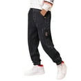 thumbnail image 1 of XUELUO Teen Boys Athletic Shorts And Pants Summer Denim Solid Color Elastic Waist Straight Leg Jeans Casual Trousers Beachwear,Black,12-13 Years, 1 of 9