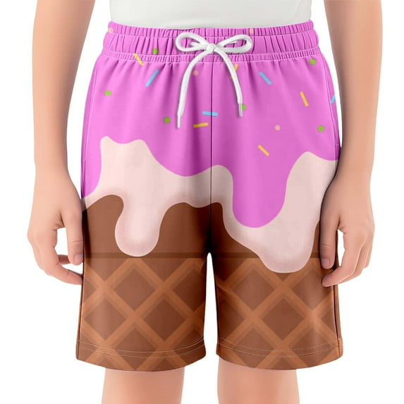 XUELUO Teen Boys Pants Summer Cartoon Ice Cream Print Elastic Waist Drawstring Loose Shorts Daily-Wear,Gold,13-14 Years