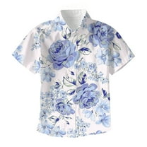 XUELUO Teen Boys Shirts & Tops Summer Floral Print Lapel Button Down Short Sleeve Casual Tops Tshirts Streetwear,Blue,10-11 Years