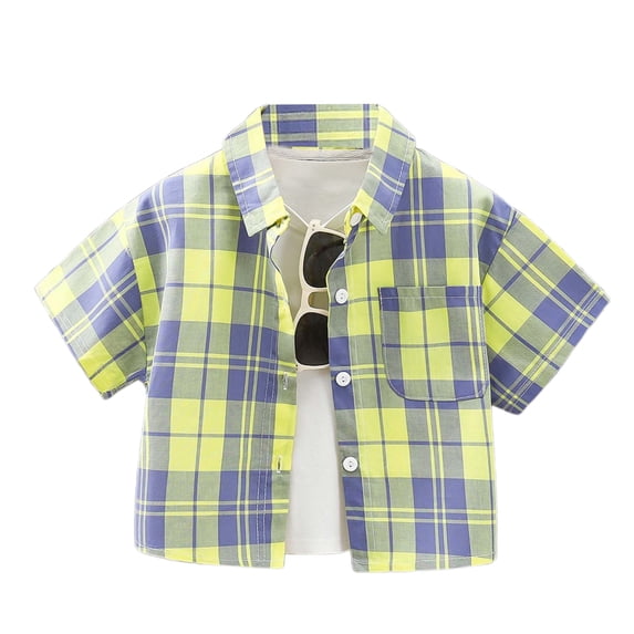 XUELUO Toddler Boys Athletic Polo Shirts Summer Checkered Print Lapel Button Down Short Sleeve Fashion Tops T Shirts Sportwear,Yellow,3-4 Years