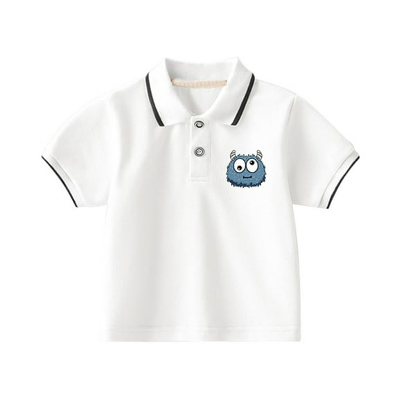 XUELUO Toddler Boys Athletic Shirts Summer Solid Color Cartoon Print Lapel Button Down Short Sleeve Casual Comfortable Soft T Shirts Daily-Wear,White,4-5 Years