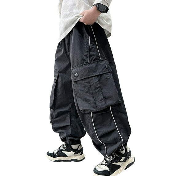 XUELUO Toddler Boys Athletic Shorts And Pants Summer Cargo Solid Color Elastic High Waist Drawstring Loose Fit Casual Pockets Sweatpants Trousers Outwear,Black,5-6 Years