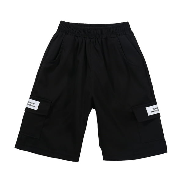 XUELUO Toddler Boys Athletic Shorts And Pants Summer Cargo Solid Color Elastic Waist Wide Leg Loose Casual Jogger Pockets Shorts Trousers Streetwear,Black,5-6 Years