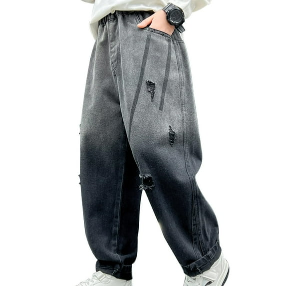 XUELUO Toddler Boys Athletic Shorts And Pants Summer Denim Solid Color Elastic Waist Baggy Wide Leg Loose Casual Jeans Trousers Activewear,Black,9-10 Years