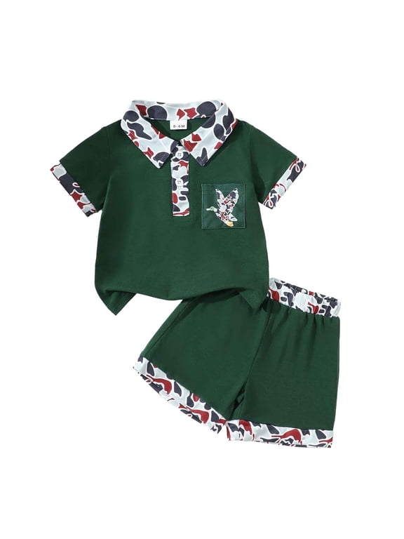 Toddler Boys Casual Outfit Sets Camo Print Lapel Short Sleeve T Shirt Tops With Shorts Gentleman Loose Casual Sportswear,Green,2-3 Years