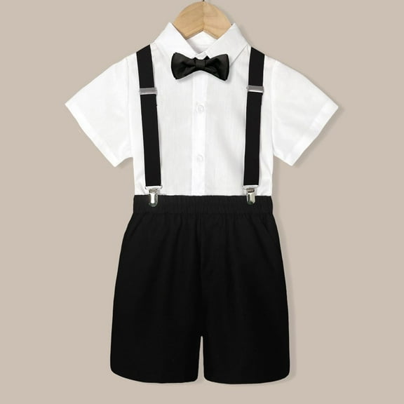 XUELUO Toddler Boys Casual Outfit Sets Kids Summer British Style Short Sleeved Shirt Suspenders Shorts Bow Tie 4Pc Children Performance Suit Clothing Outwear