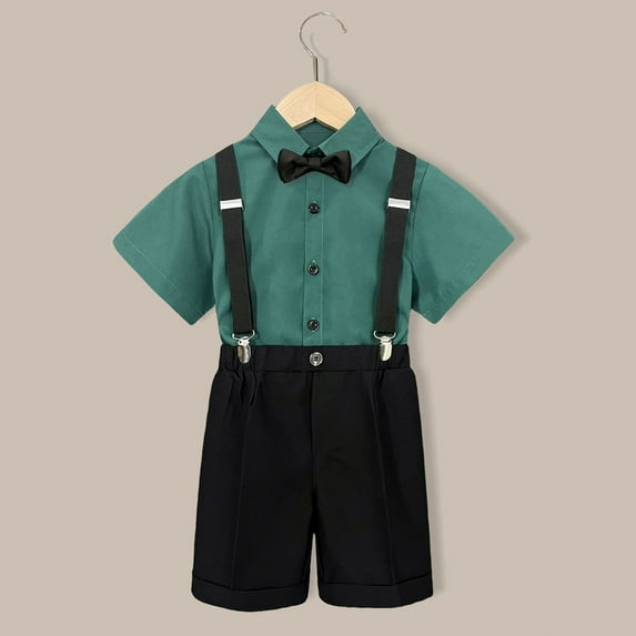 XUELUO Toddler Boys Casual Outfit Sets Kids Summer Cartoon Printed Short Sleeved Shirt Solid Color Suspenders Shorts Bow Tie 4Pc Children Performance Suit Clothing Streetwear