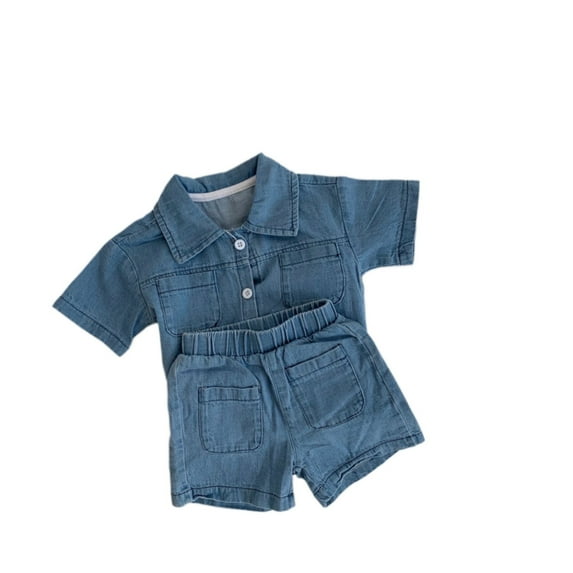 XUELUO Toddler Boys Casual Outfit Sets Kids Summer Denim Solid Color Lapel Short Sleeve Shirts Tops And Elastic Waist Shorts Casual Two Piece Daily-Wear,Blue,5-6 Years